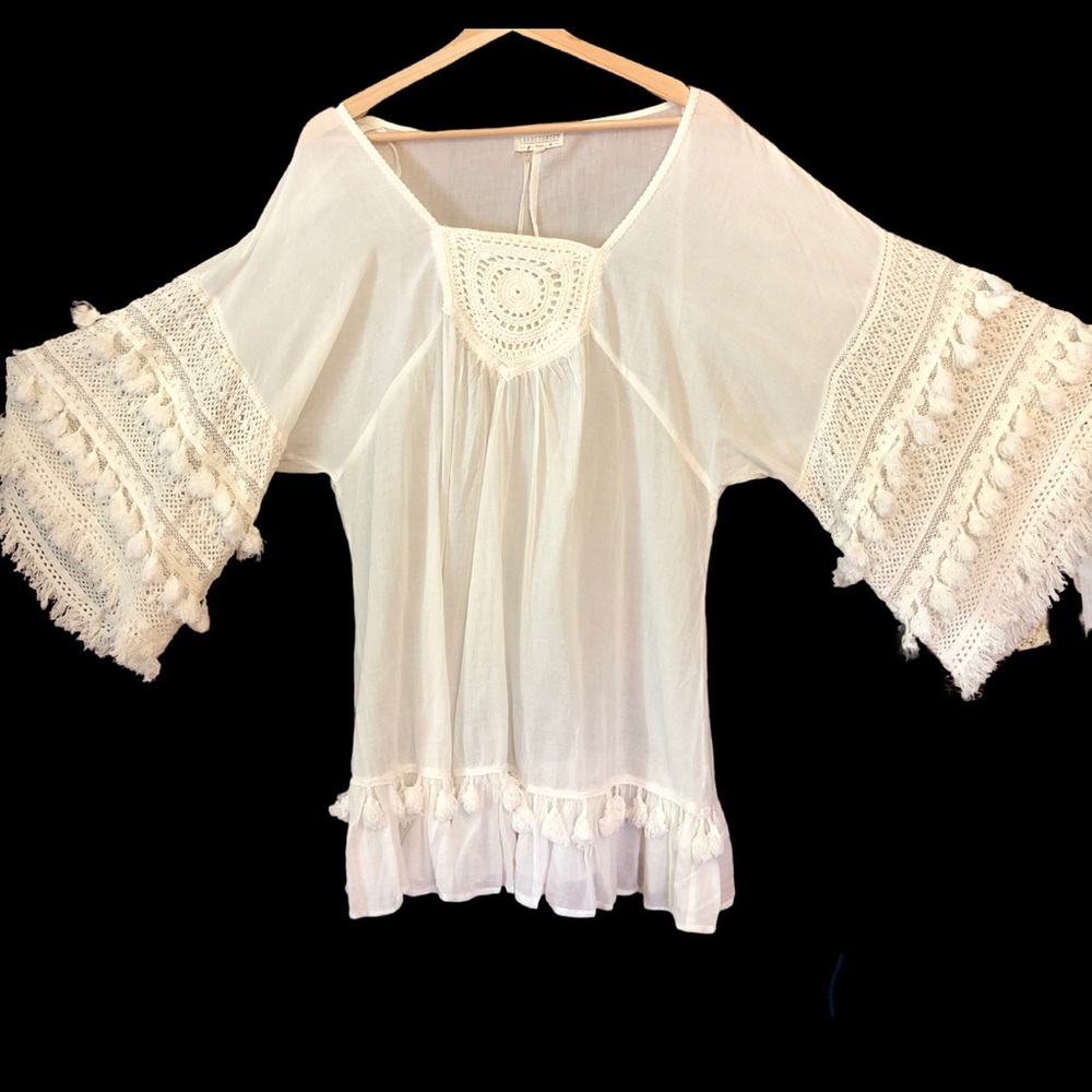 White cotton gauze tassel angel wing boho tunic